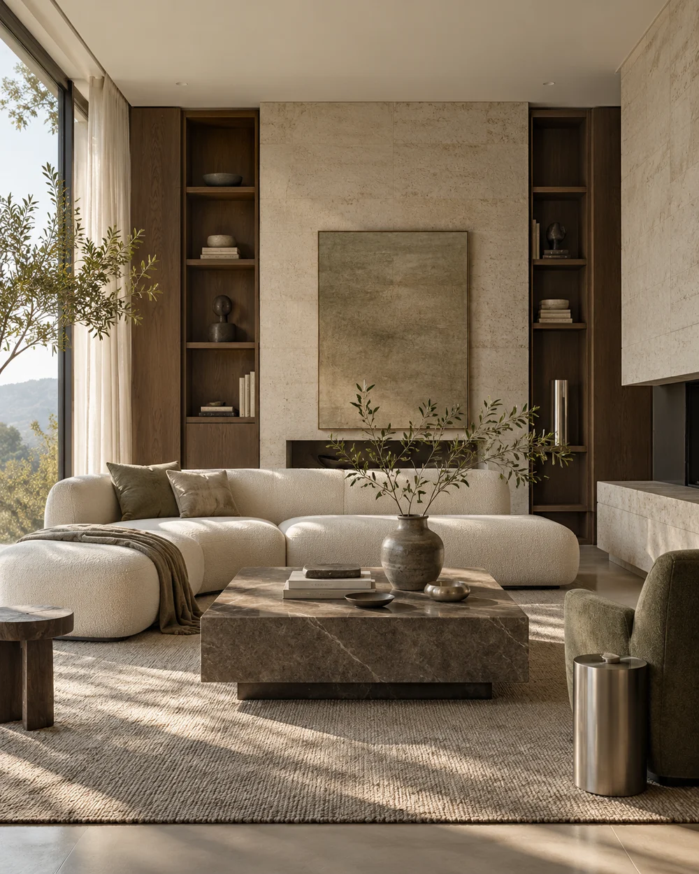 AI-generated concept: a contemporary living room with limestone and smoked oak.