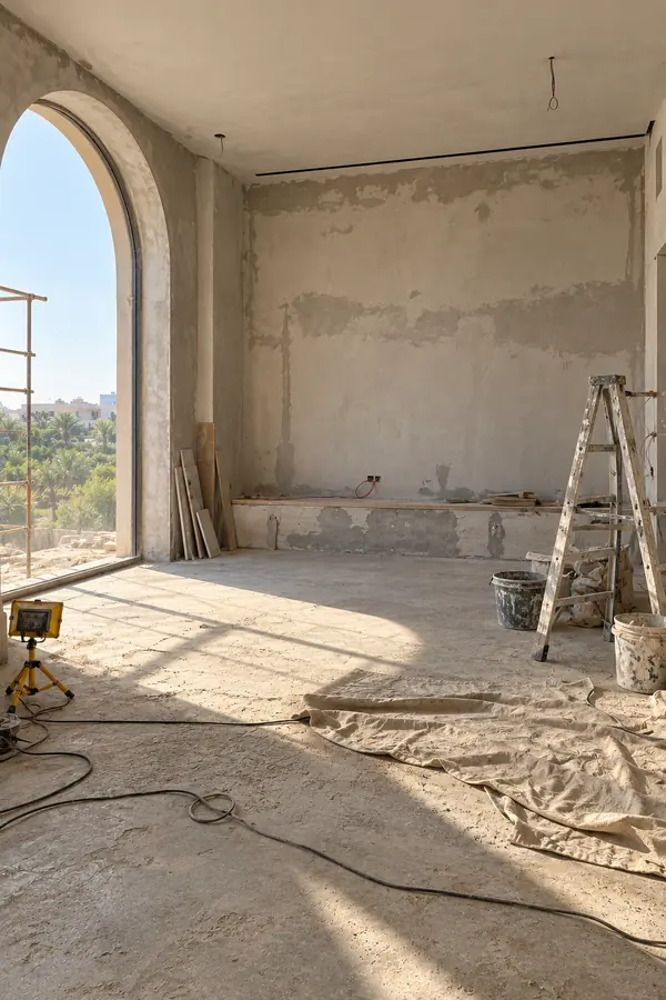 Sample room, AI-generated: an empty room on day one, bare plaster, a ladder and cables on a concrete floor.