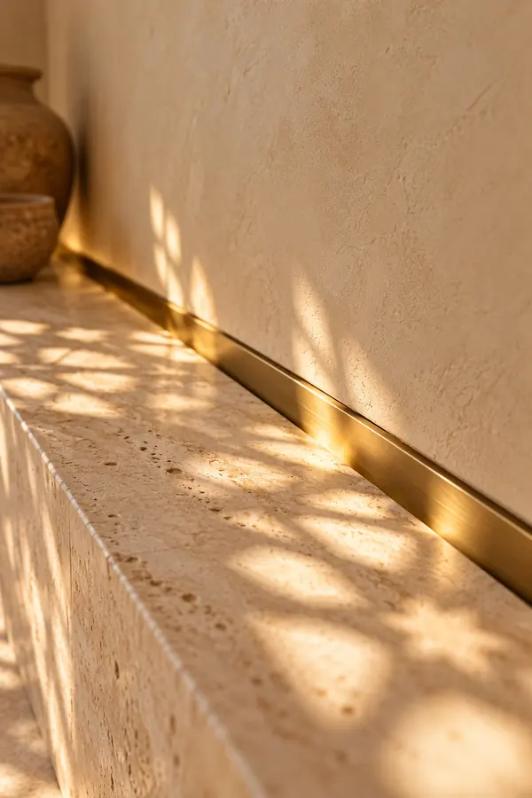 Sample room, AI-generated: close-up of a brass inlay meeting a travertine ledge in patterned light.