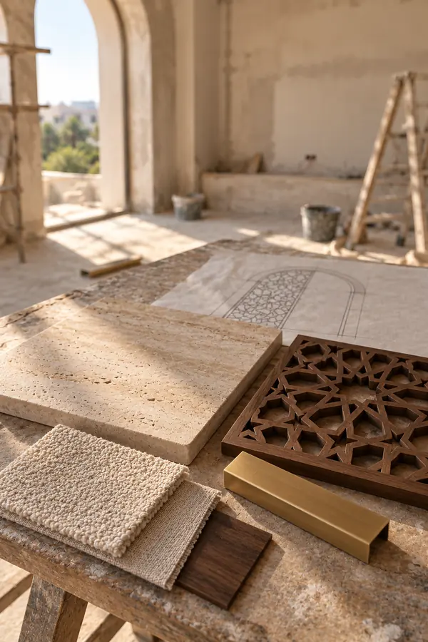 Sample room, AI-generated: travertine, a carved wood screen sample and a brass profile laid out on a work table on site.