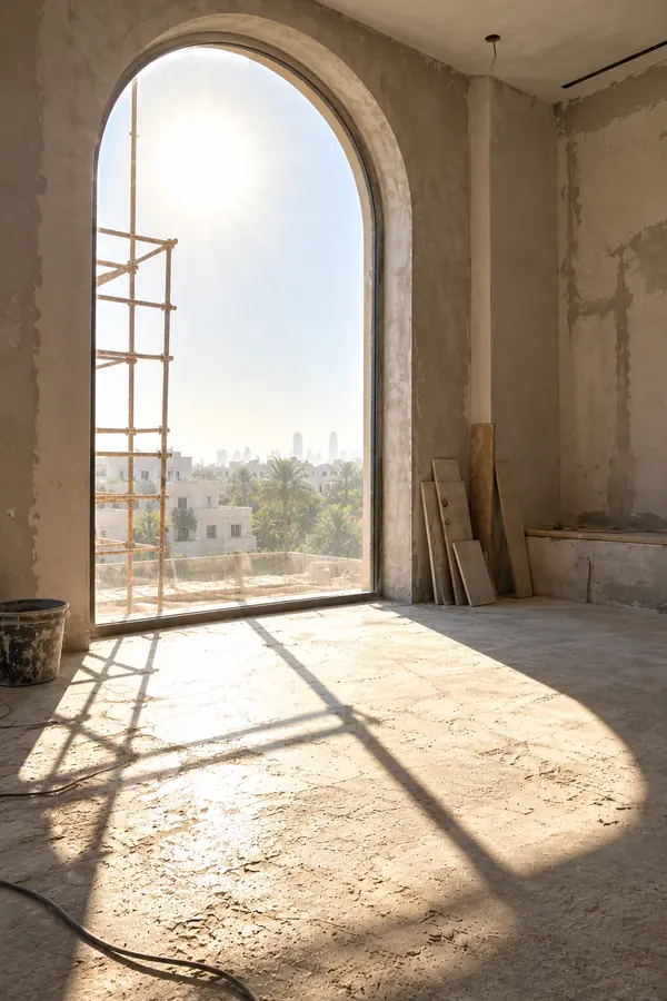Sample room, AI-generated: harsh sun pouring through a tall arched window onto an unfinished floor.