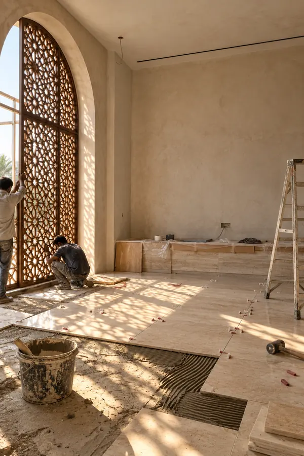 Sample room, AI-generated: a craftsman fitting the carved screen while the floor is being laid.